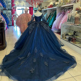 Navy Blue Tulle Quinceanera Dress Off-Shoulder Ball Gown with Lace Appliques & Tiered Ruffles for Sweet 16 & Princess Parties